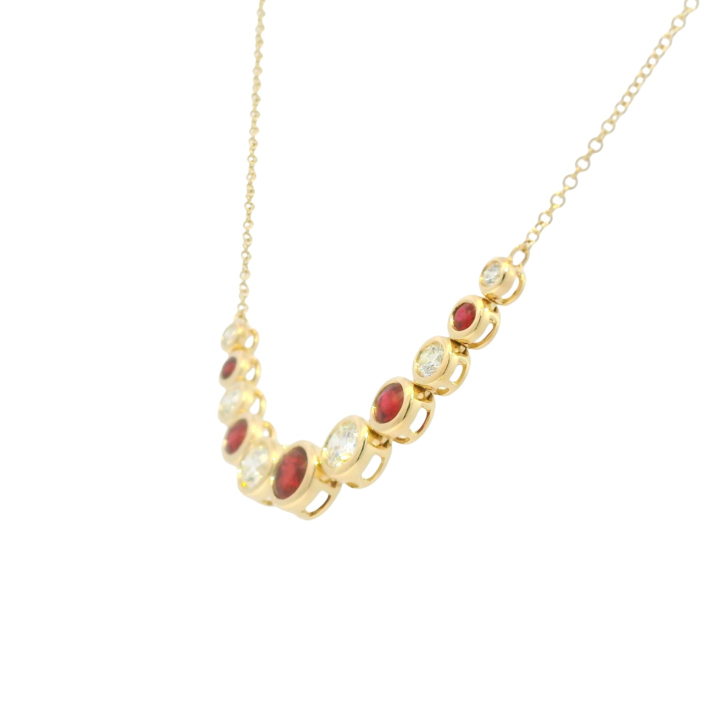 14K Yellow Gold Natural Diamond & Round Shape Ruby Adjustable Chain Necklace
