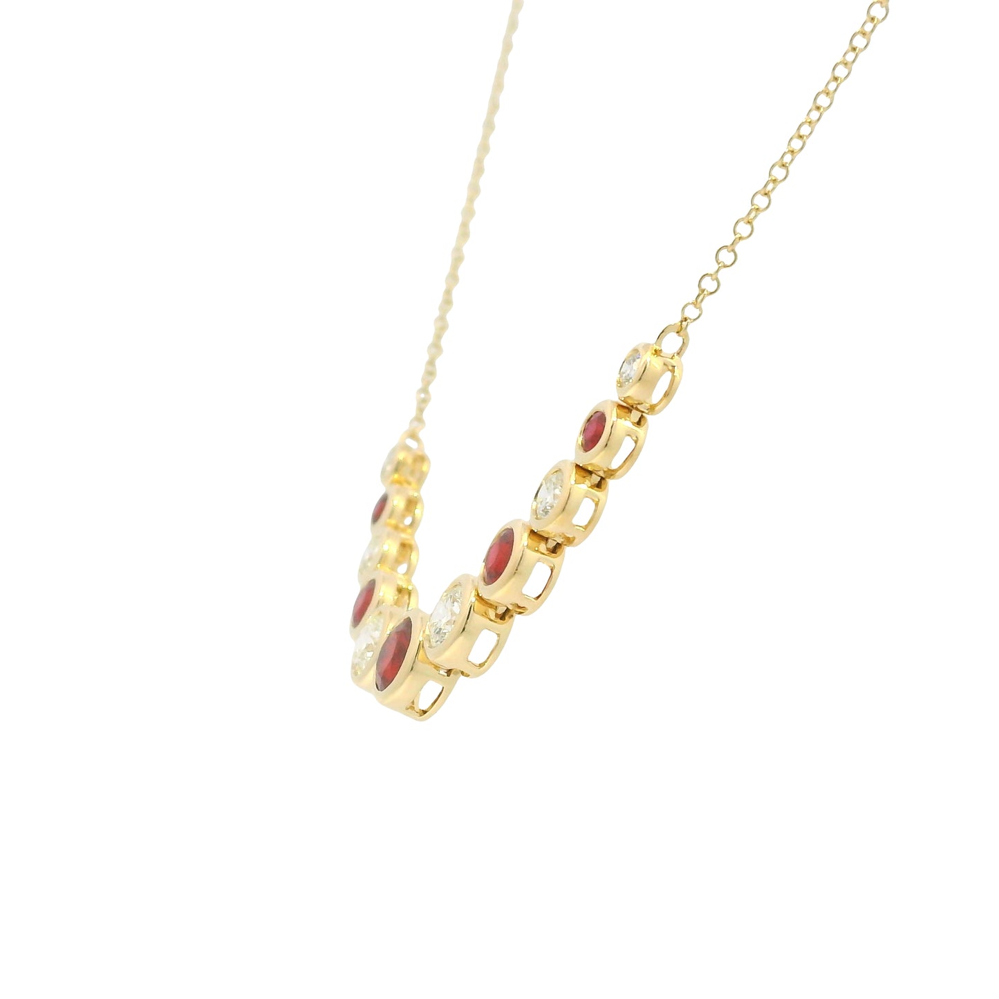14K Yellow Gold Natural Diamond & Round Shape Ruby Adjustable Chain Necklace