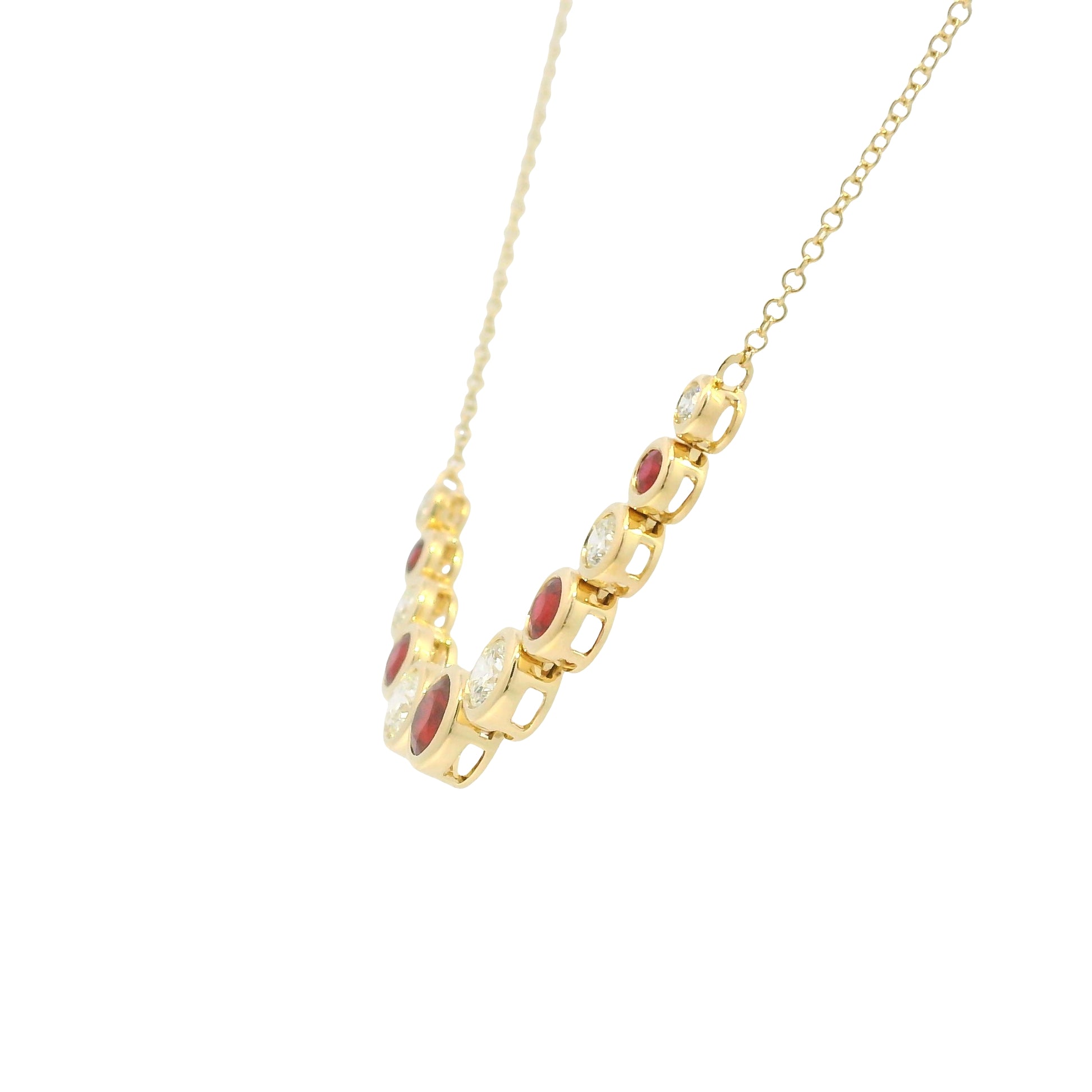 14K Yellow Gold Natural Diamond & Round Shape Ruby Adjustable Chain Necklace