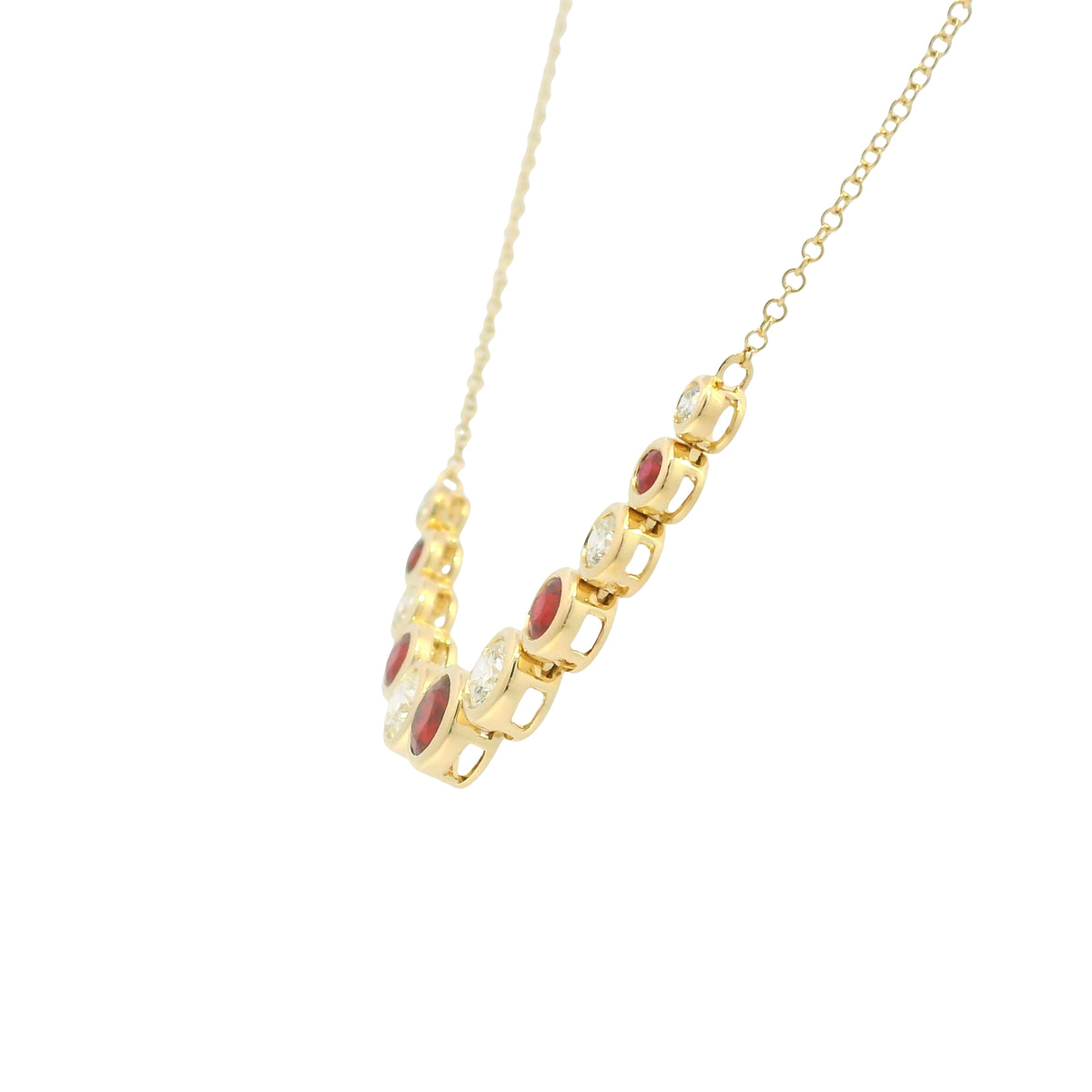 14K Yellow Gold Natural Diamond & Round Shape Ruby Adjustable Chain Necklace