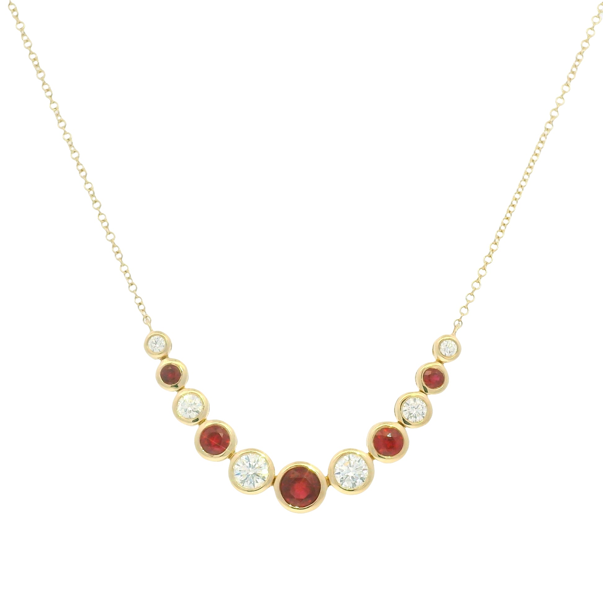 14K Yellow Gold Natural Diamond & Round Shape Ruby Adjustable Chain Necklace