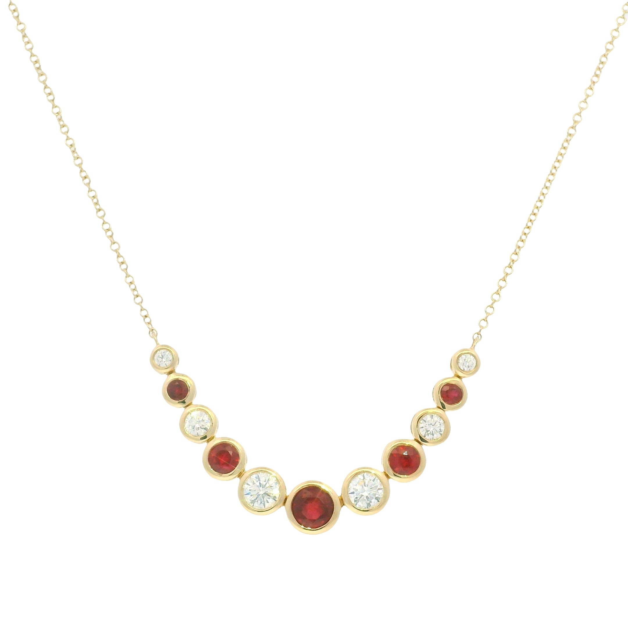 14K Yellow Gold Natural Diamond & Round Shape Ruby Adjustable Chain Necklace