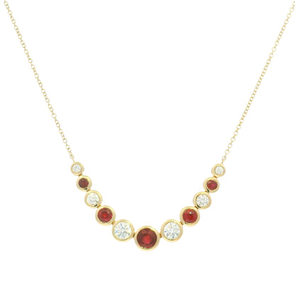 14K Yellow Gold Natural Diamond & Round Shape Ruby Adjustable Chain Necklace