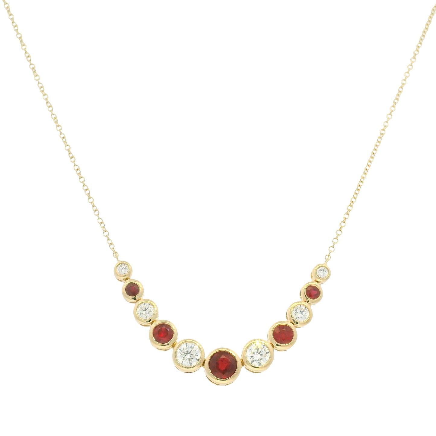 14K Yellow Gold Natural Diamond & Round Shape Ruby Adjustable Chain Necklace
