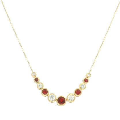 14K Yellow Gold Natural Diamond & Round Shape Ruby Adjustable Chain Necklace