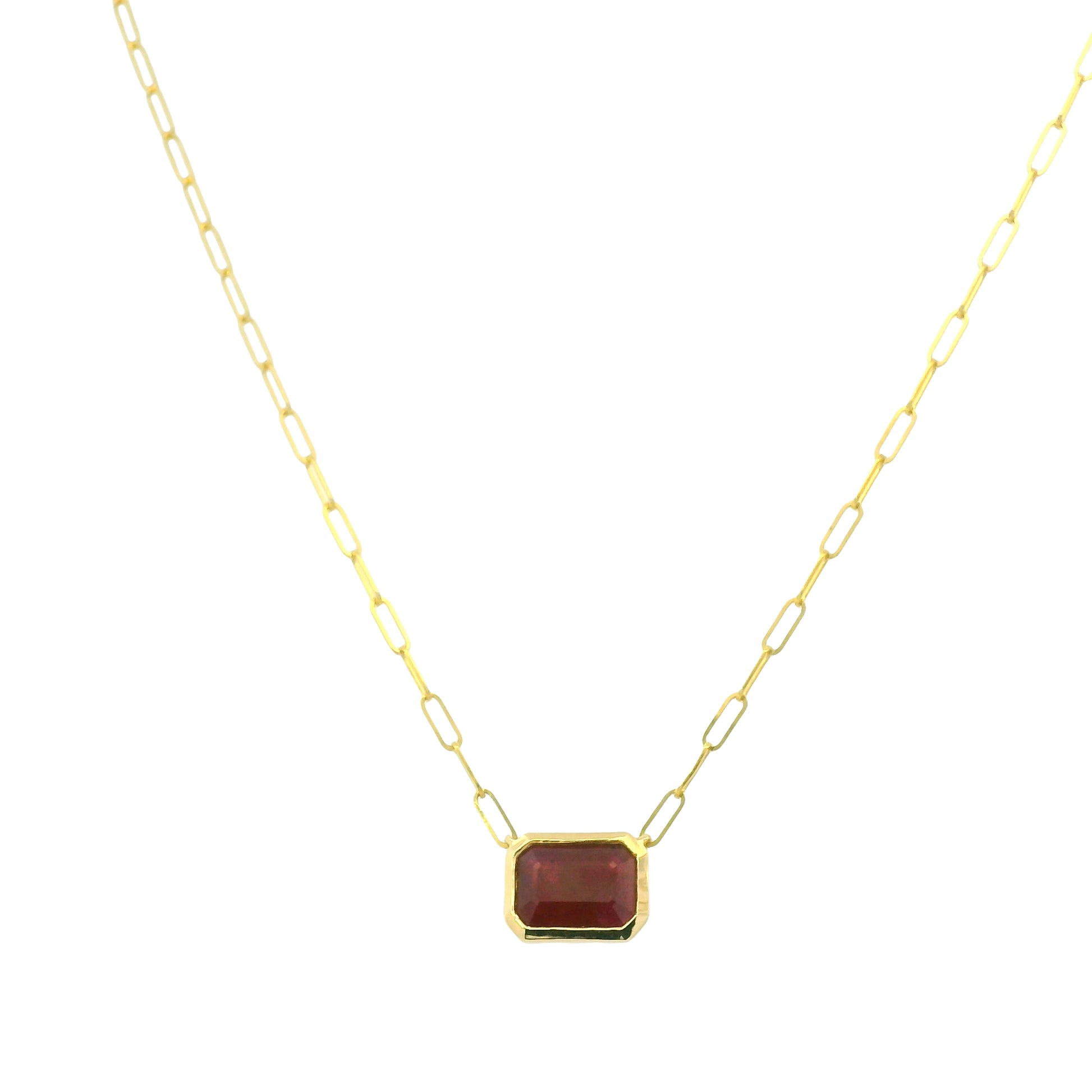 14K Yellow Gold Natural Ruby & Emerald Cut Bezel Set Paperclip Necklace