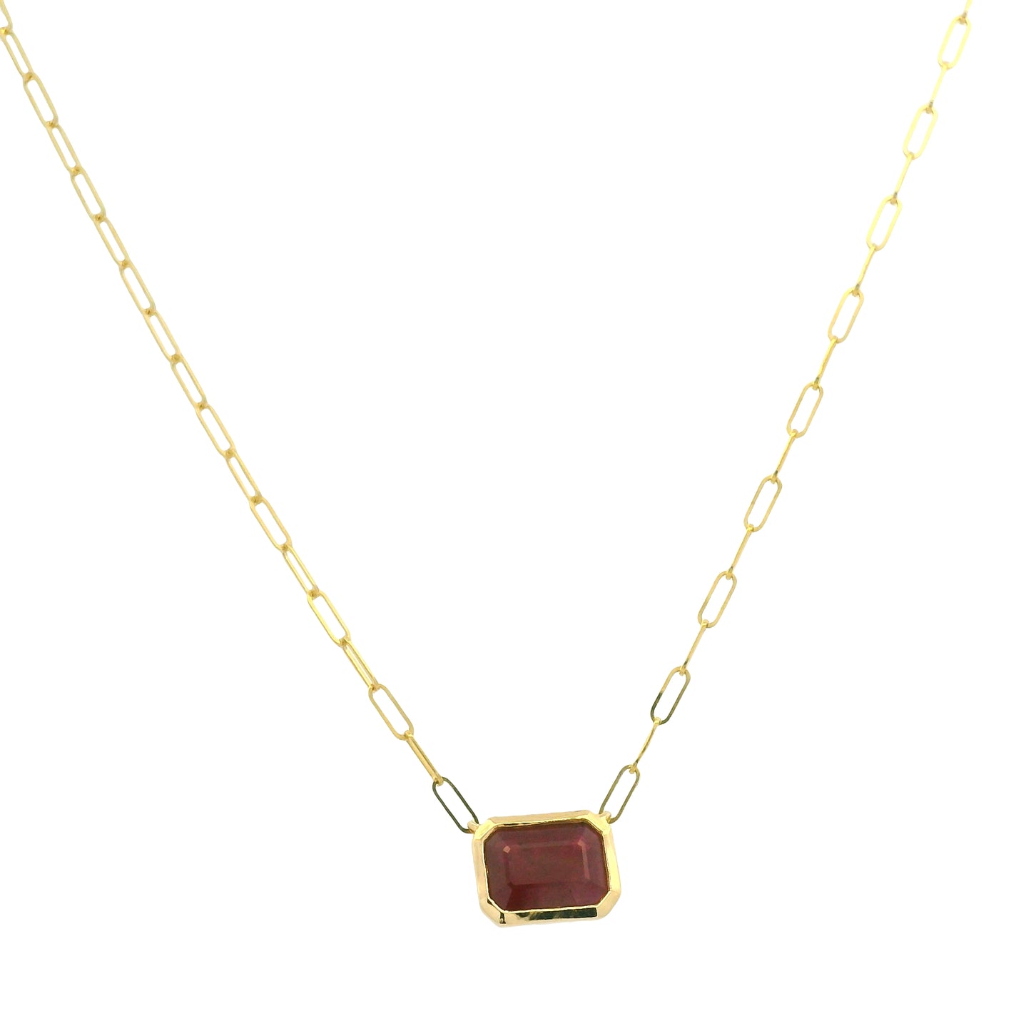 14K Yellow Gold Natural Ruby & Emerald Cut Bezel Set Paperclip Necklace