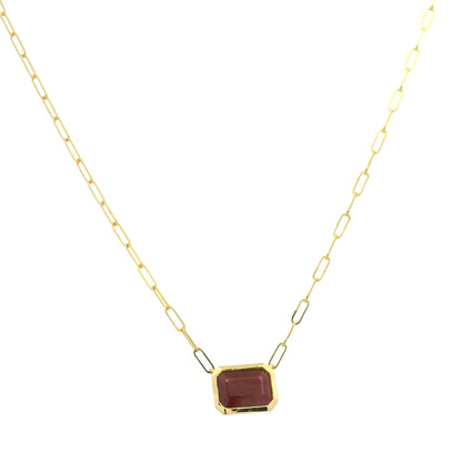 14K Yellow Gold Natural Ruby & Emerald Cut Bezel Set Paperclip Necklace