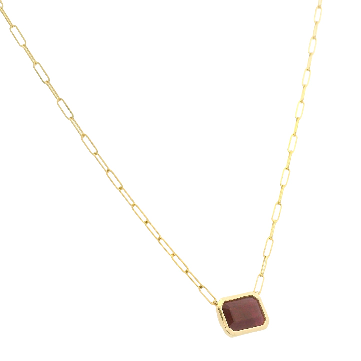 14K Yellow Gold Natural Ruby & Emerald Cut Bezel Set Paperclip Necklace