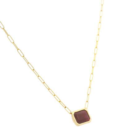 14K Yellow Gold Natural Ruby & Emerald Cut Bezel Set Paperclip Necklace