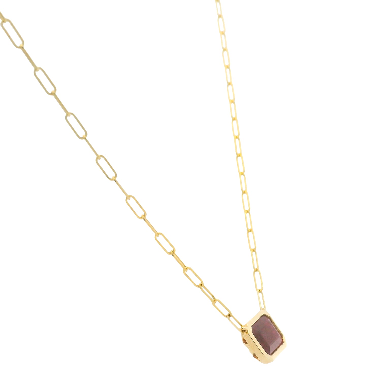 14K Yellow Gold Natural Ruby & Emerald Cut Bezel Set Paperclip Necklace