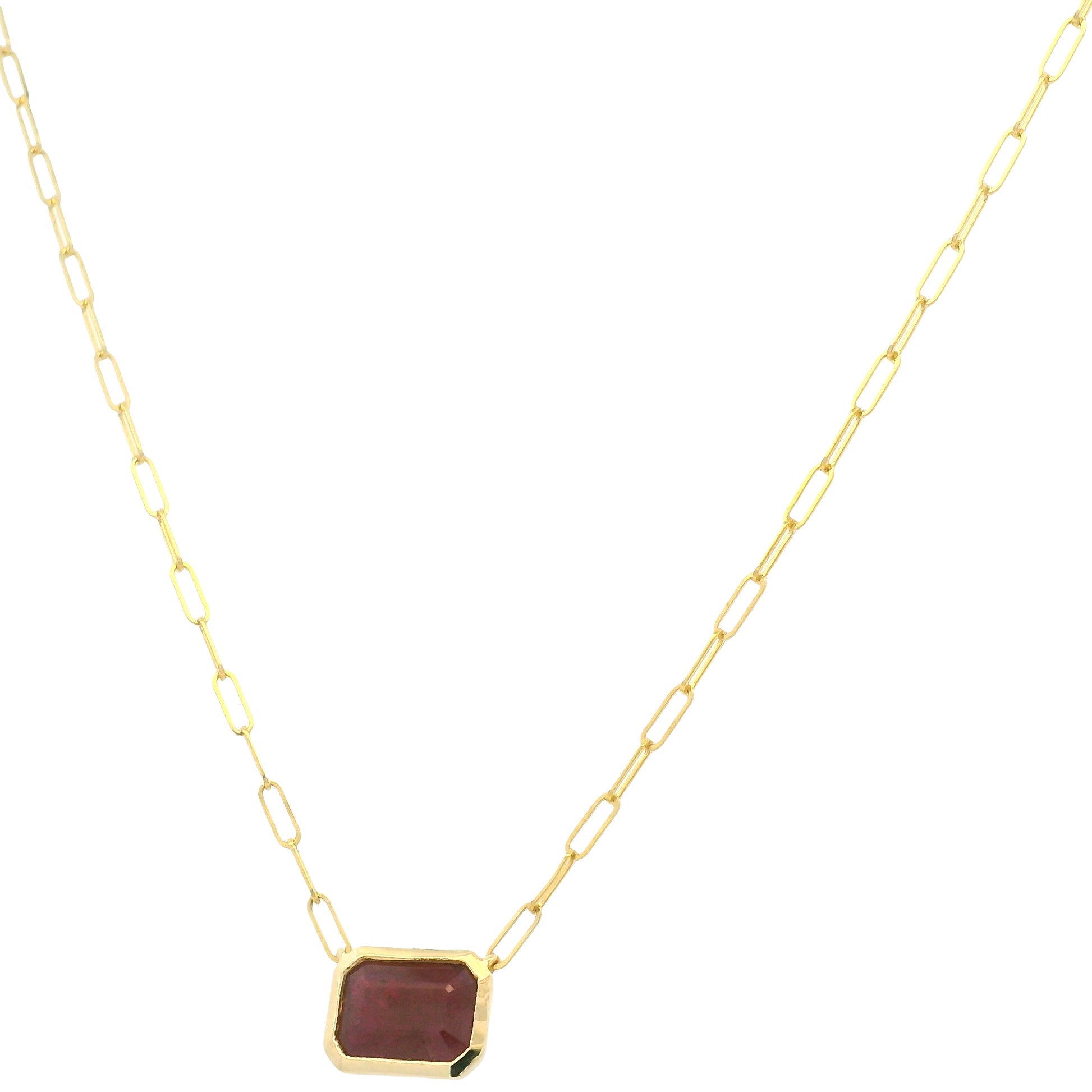 14K Yellow Gold Natural Ruby & Emerald Cut Bezel Set Paperclip Necklace
