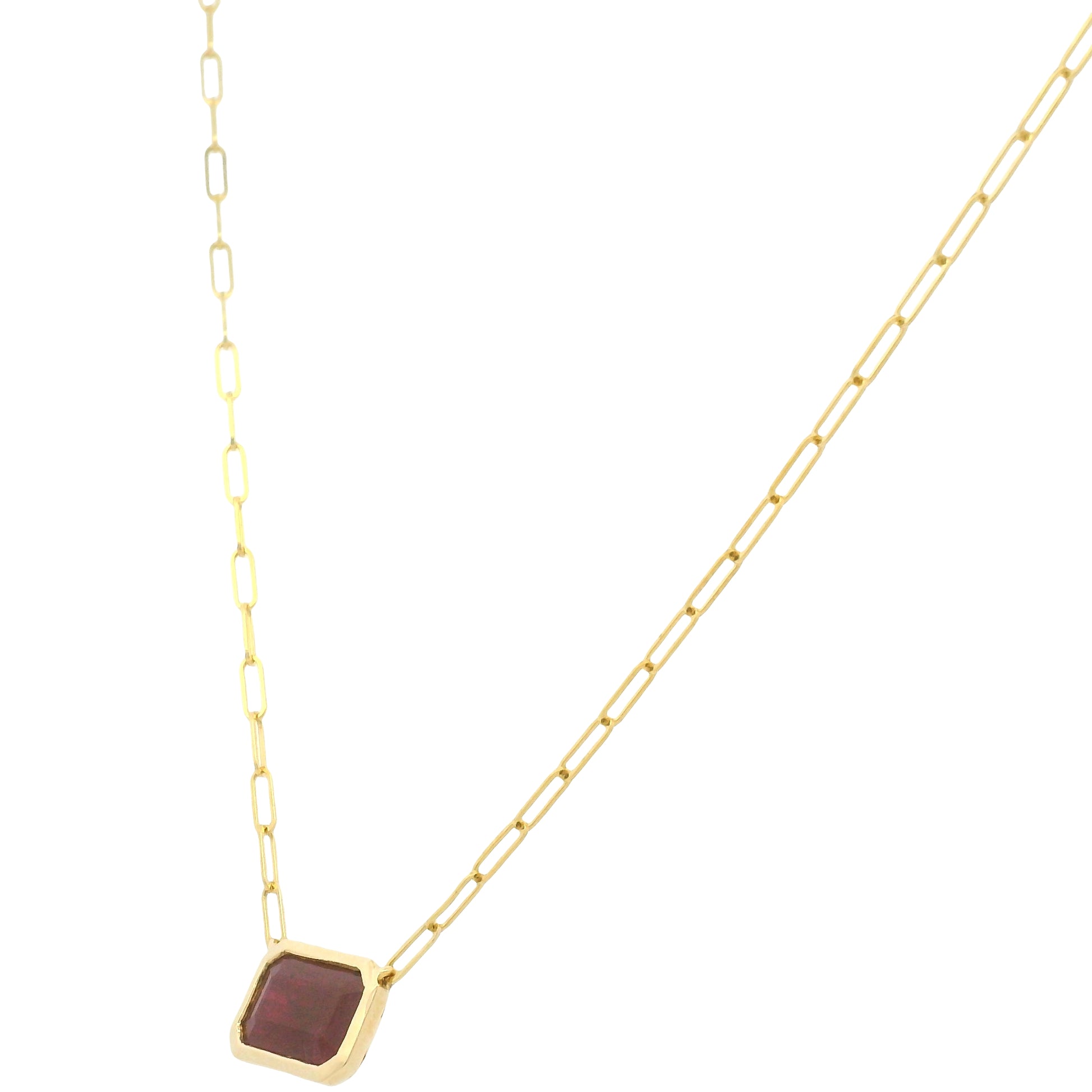 14K Yellow Gold Natural Ruby & Emerald Cut Bezel Set Paperclip Necklace