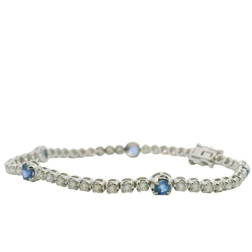 14K White Gold Natural Round Brilliant Cut Diamond & Round Sapphire Tennis Bracelet