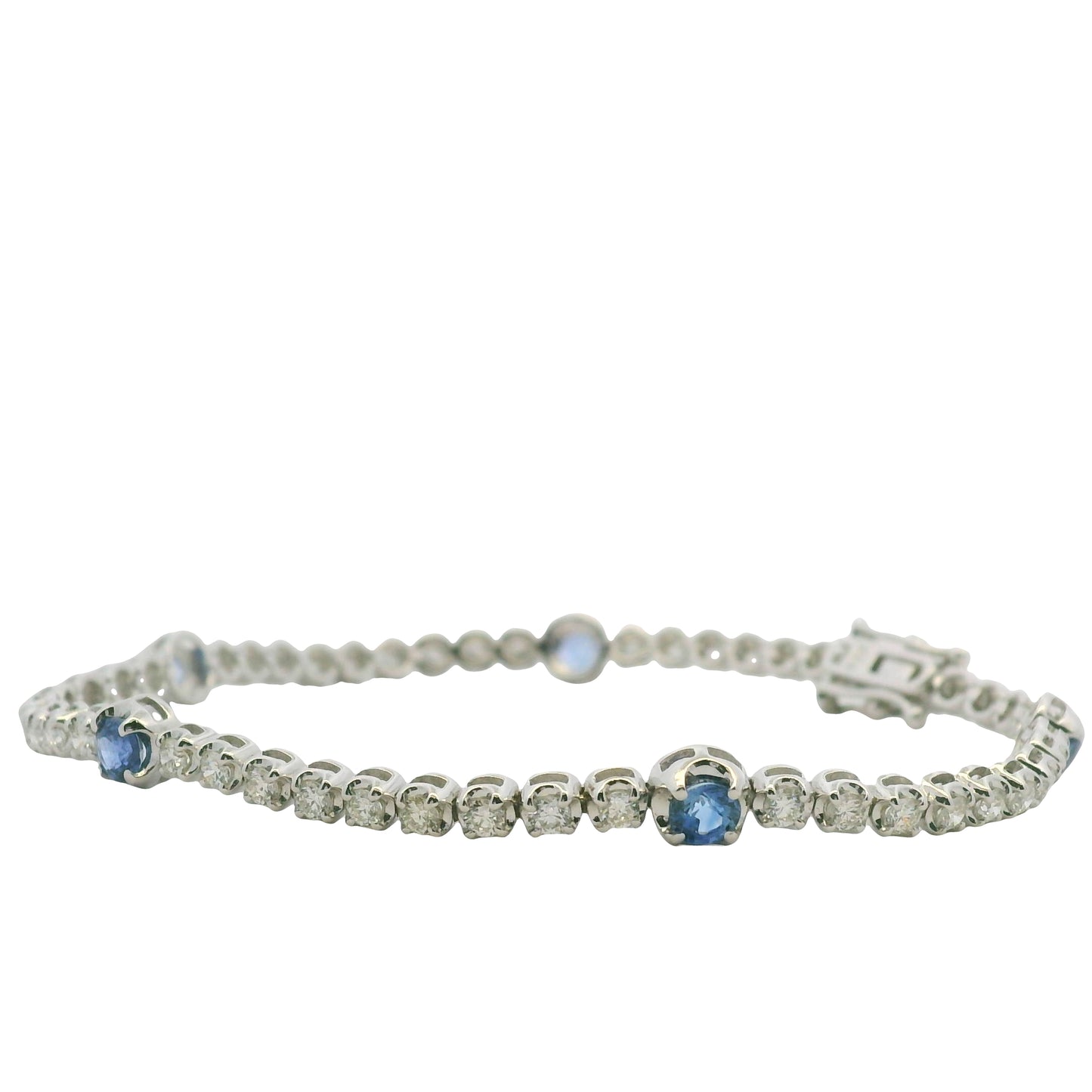 14K White Gold Natural Round Brilliant Cut Diamond & Round Sapphire Tennis Bracelet
