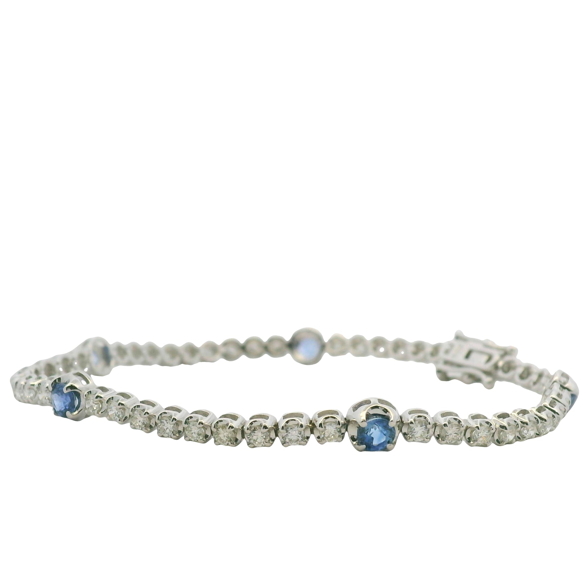 14K White Gold Natural Round Brilliant Cut Diamond & Round Sapphire Tennis Bracelet