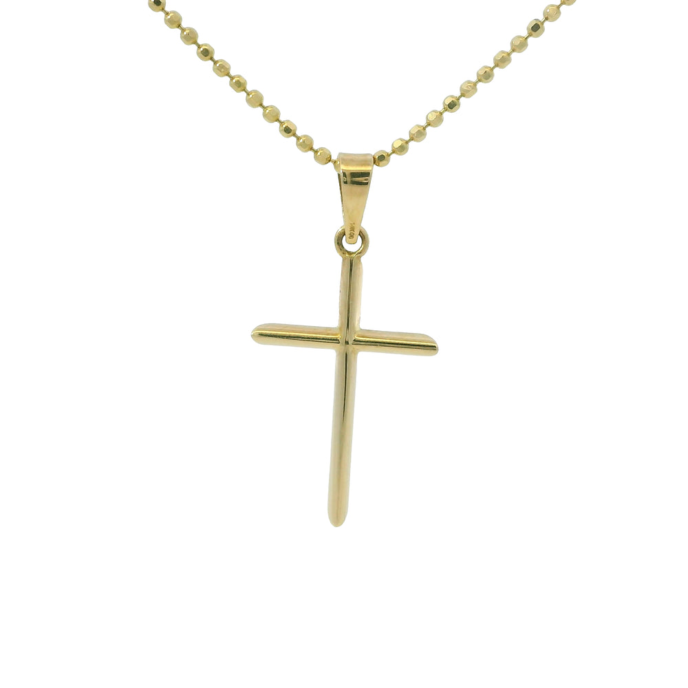 14k Yellow Gold Cross Pendant on a Diamond Cut Beaded Necklace
