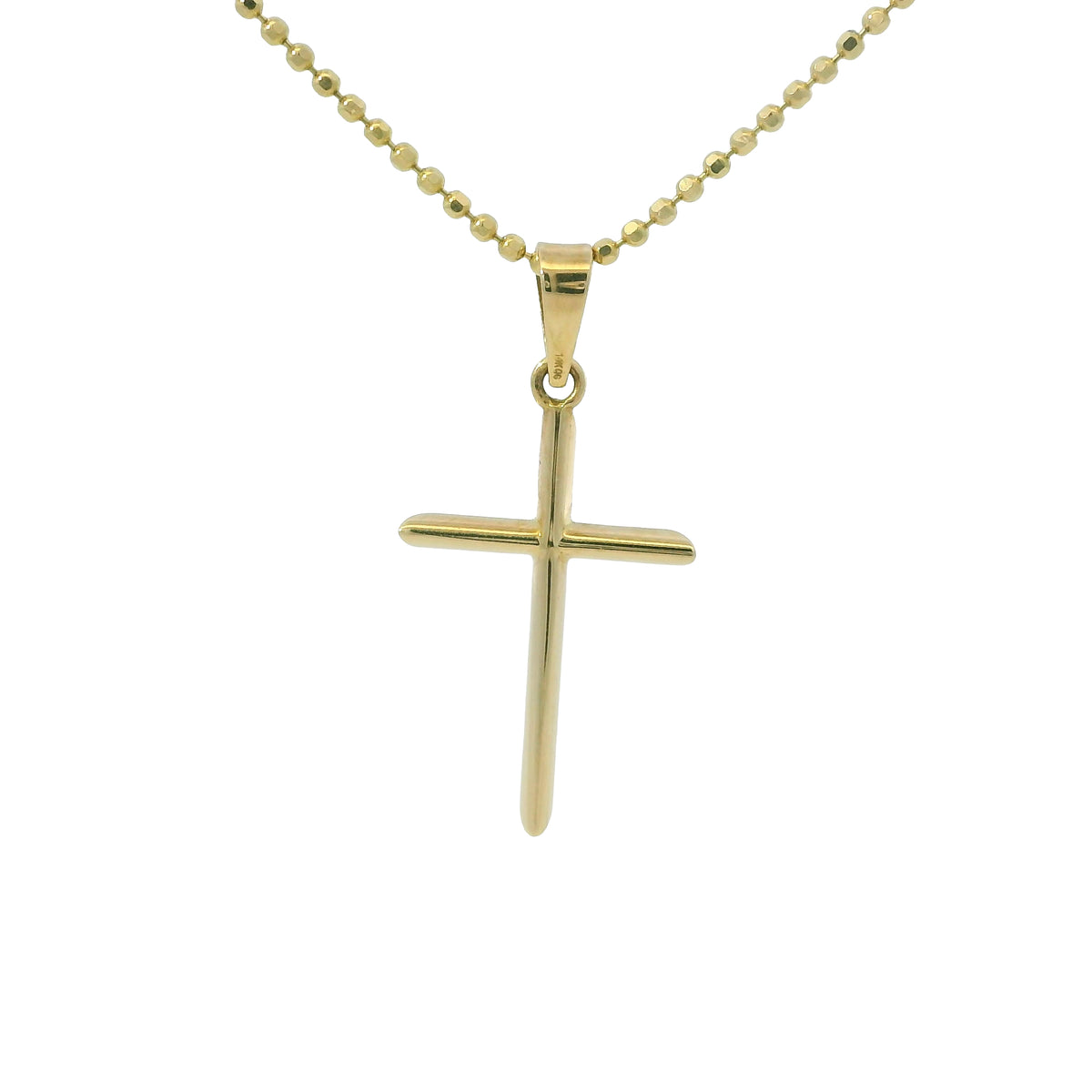 14k Yellow Gold Cross Pendant on a Diamond Cut Beaded Necklace