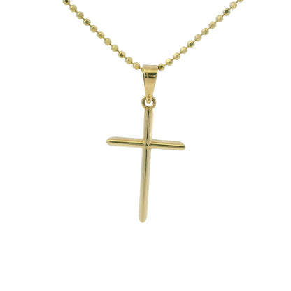 14k Yellow Gold Cross Pendant on a Diamond Cut Beaded Necklace
