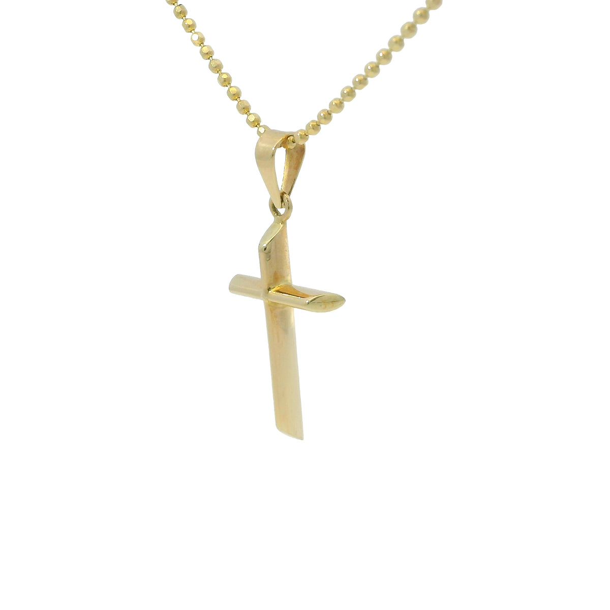 14k Yellow Gold Cross Pendant on a Diamond Cut Beaded Necklace
