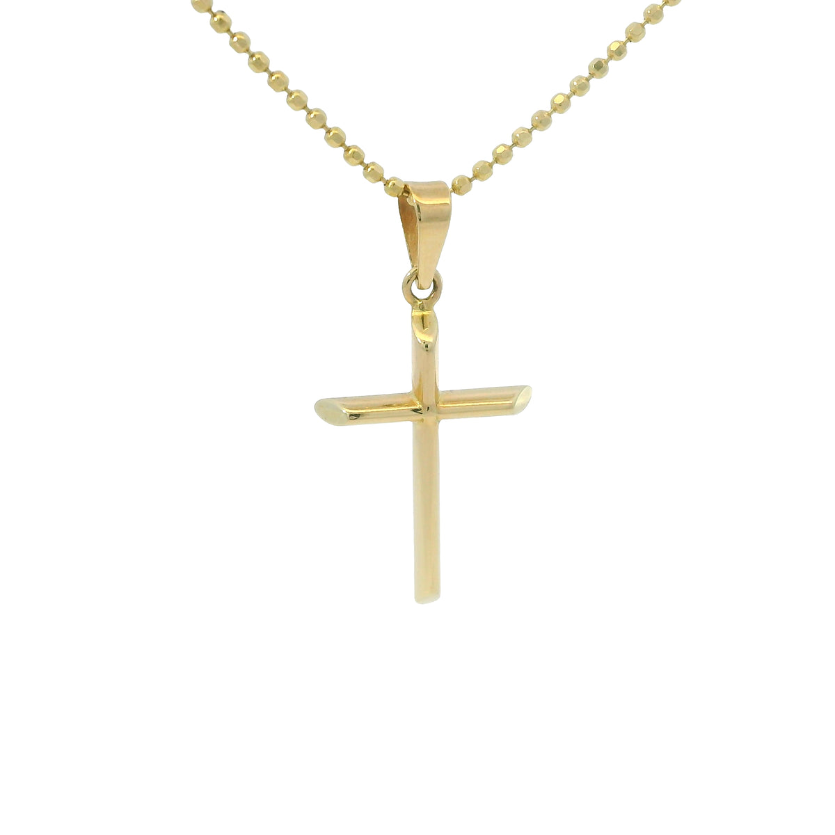 14k Yellow Gold Cross Pendant on a Diamond Cut Beaded Necklace