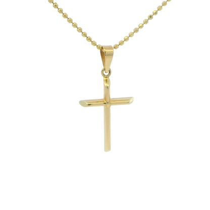 14k Yellow Gold Cross Pendant on a Diamond Cut Beaded Necklace