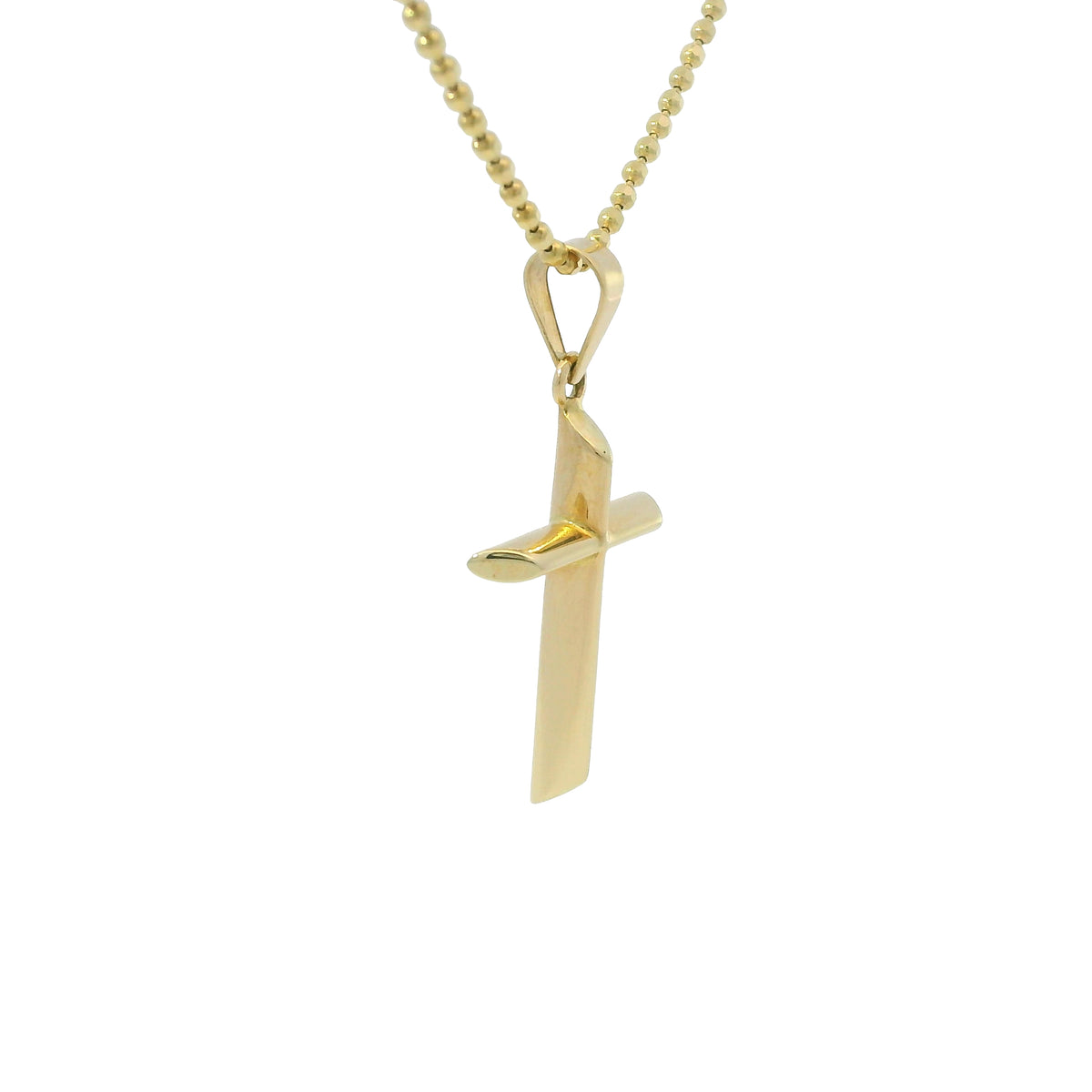 14k Yellow Gold Cross Pendant on a Diamond Cut Beaded Necklace