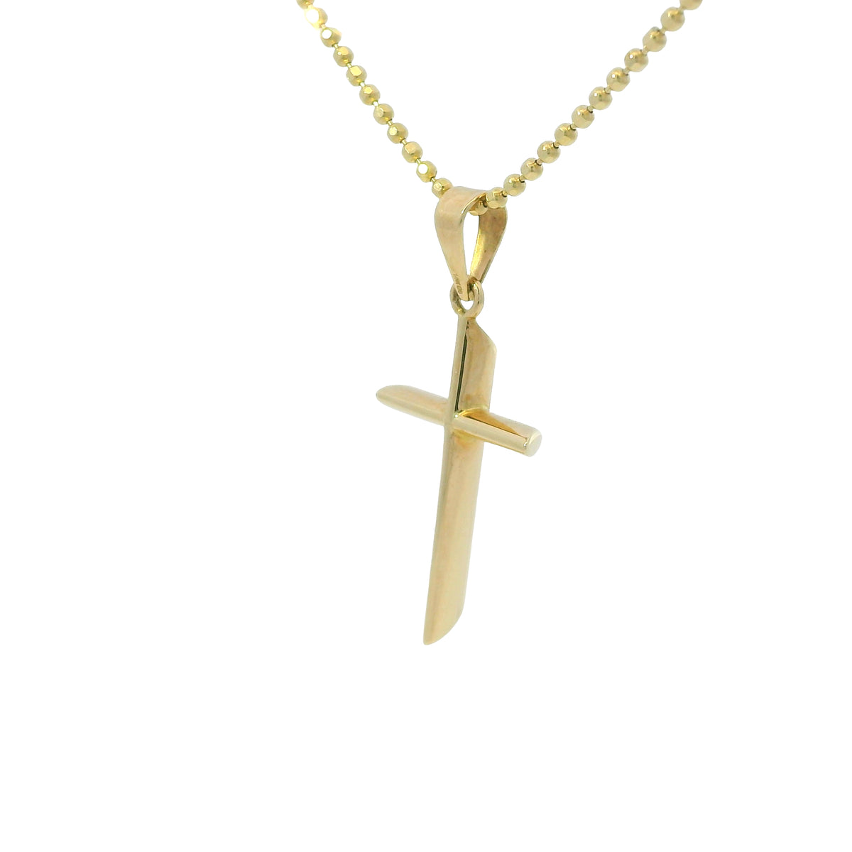 14k Yellow Gold Cross Pendant on a Diamond Cut Beaded Necklace