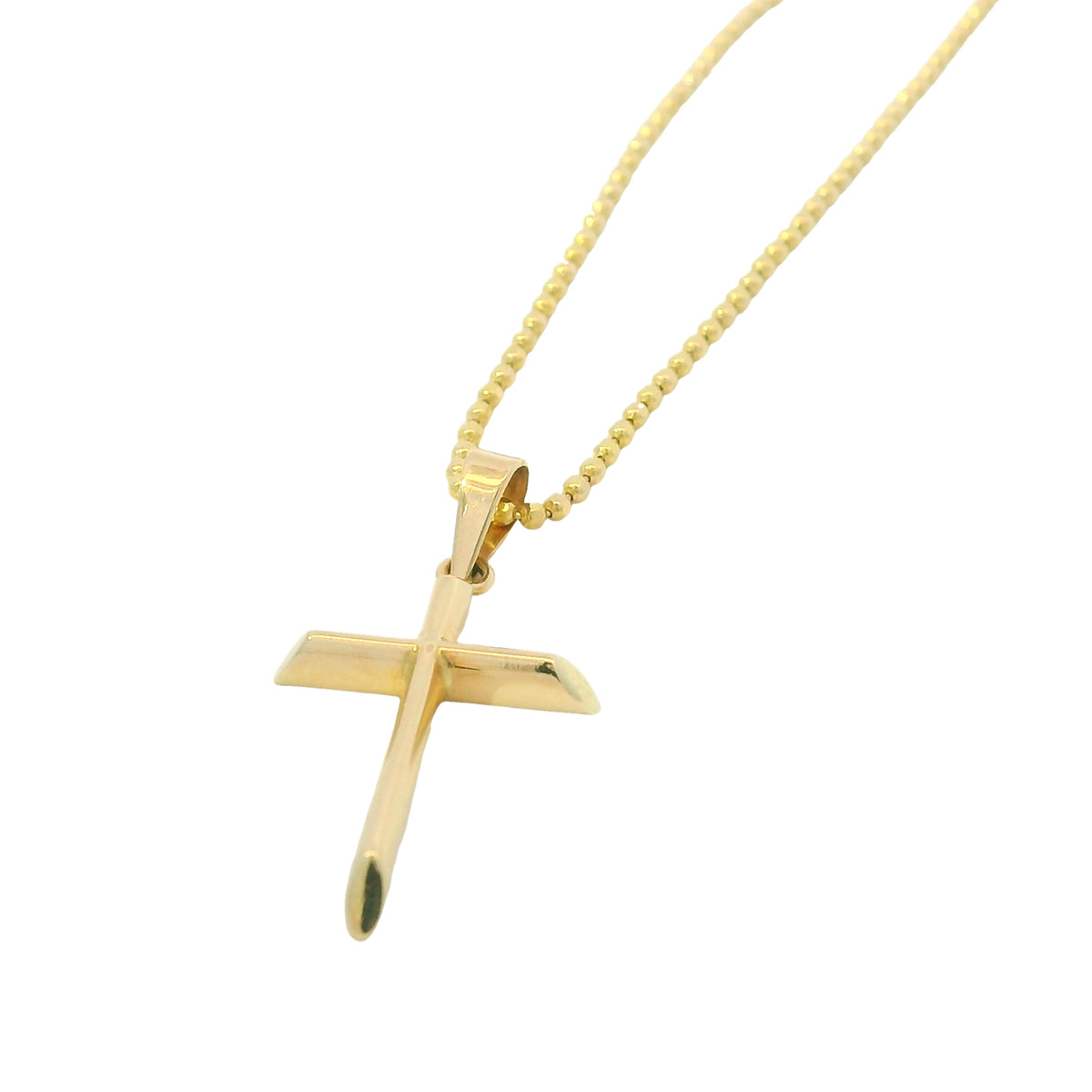 14k Yellow Gold Cross Pendant on a Diamond Cut Beaded Necklace