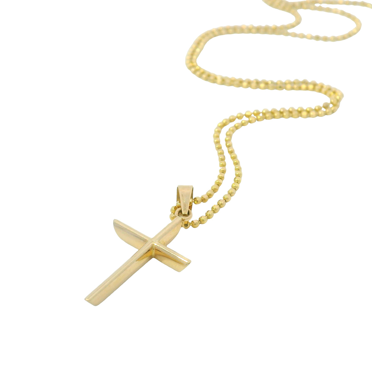 14k Yellow Gold Cross Pendant on a Diamond Cut Beaded Necklace