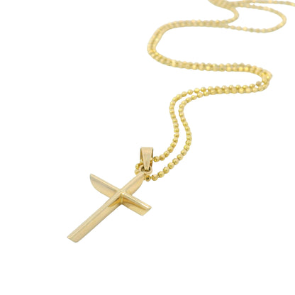 14k Yellow Gold Cross Pendant on a Diamond Cut Beaded Necklace