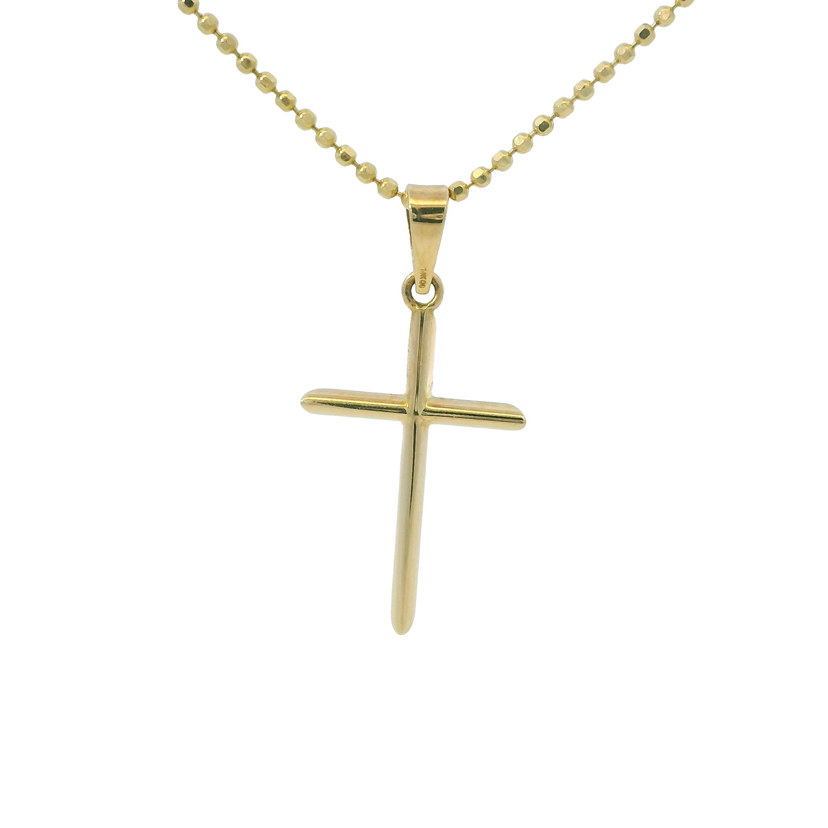 14k Yellow Gold Cross Pendant on a Diamond Cut Beaded Necklace