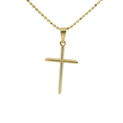 14k Yellow Gold Cross Pendant on a Diamond Cut Beaded Necklace