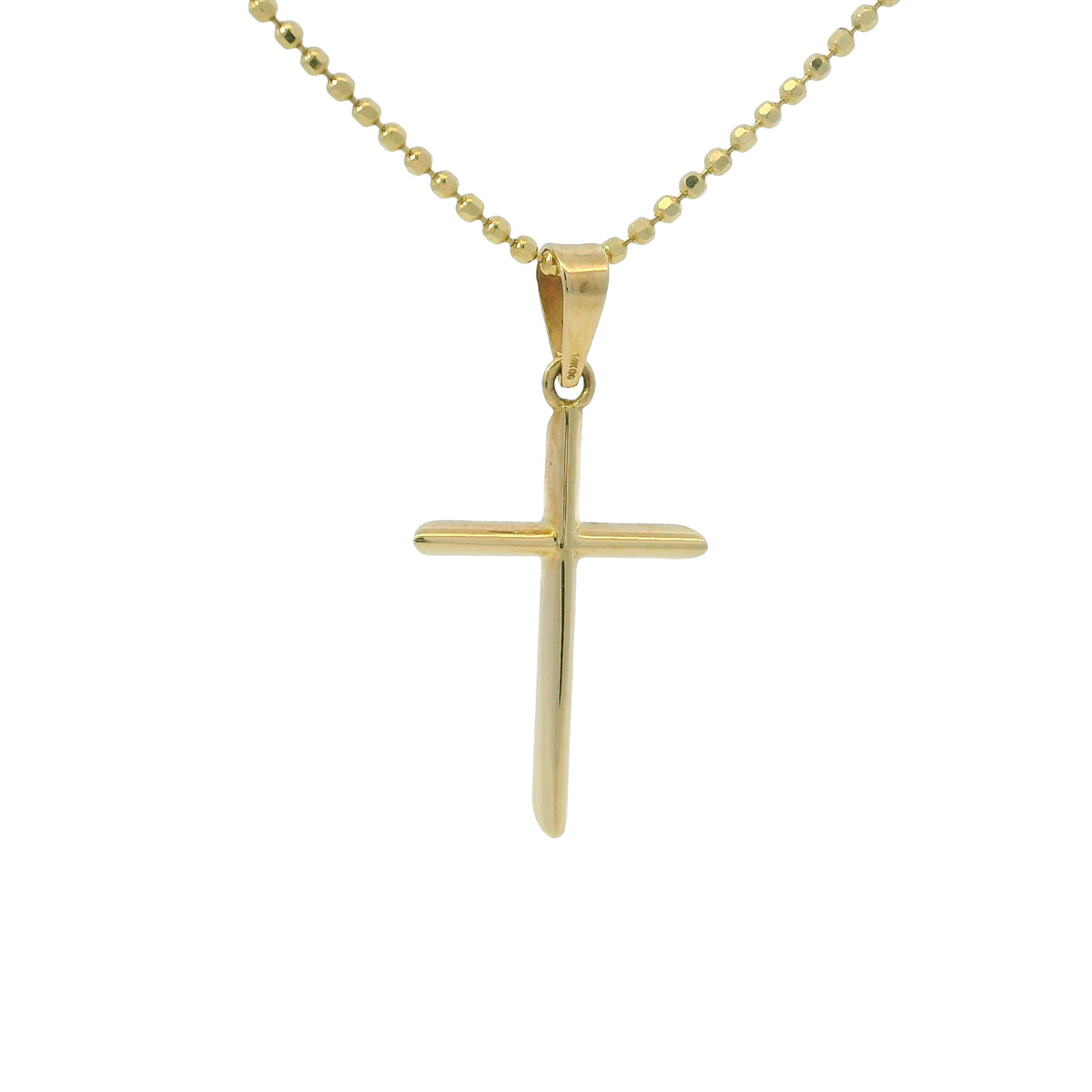 14k Yellow Gold Cross Pendant on a Diamond Cut Beaded Necklace