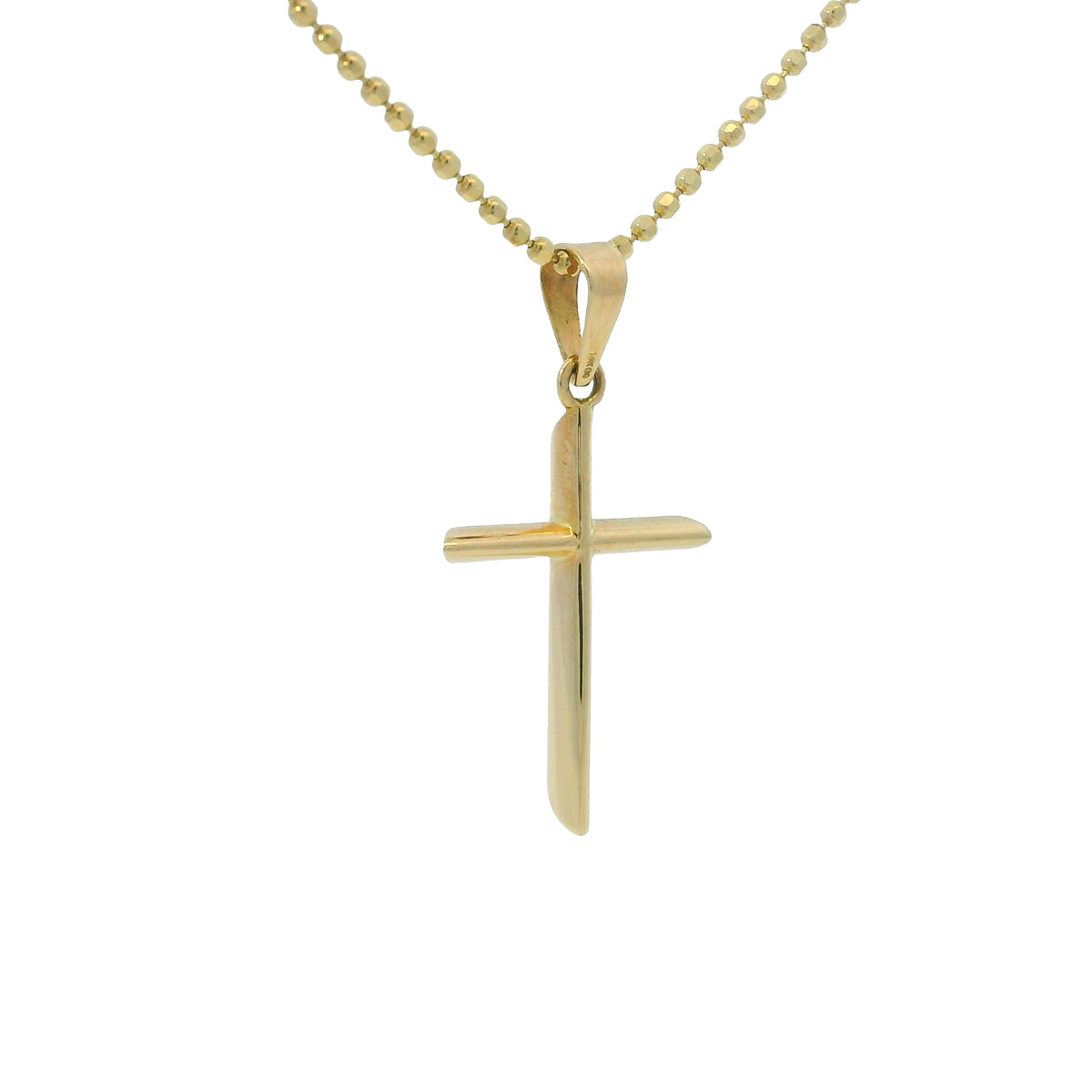 14k Yellow Gold Cross Pendant on a Diamond Cut Beaded Necklace