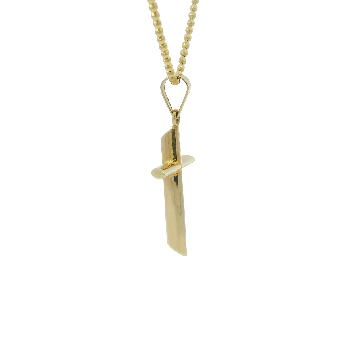 14k Yellow Gold Cross Pendant on a Diamond Cut Beaded Necklace