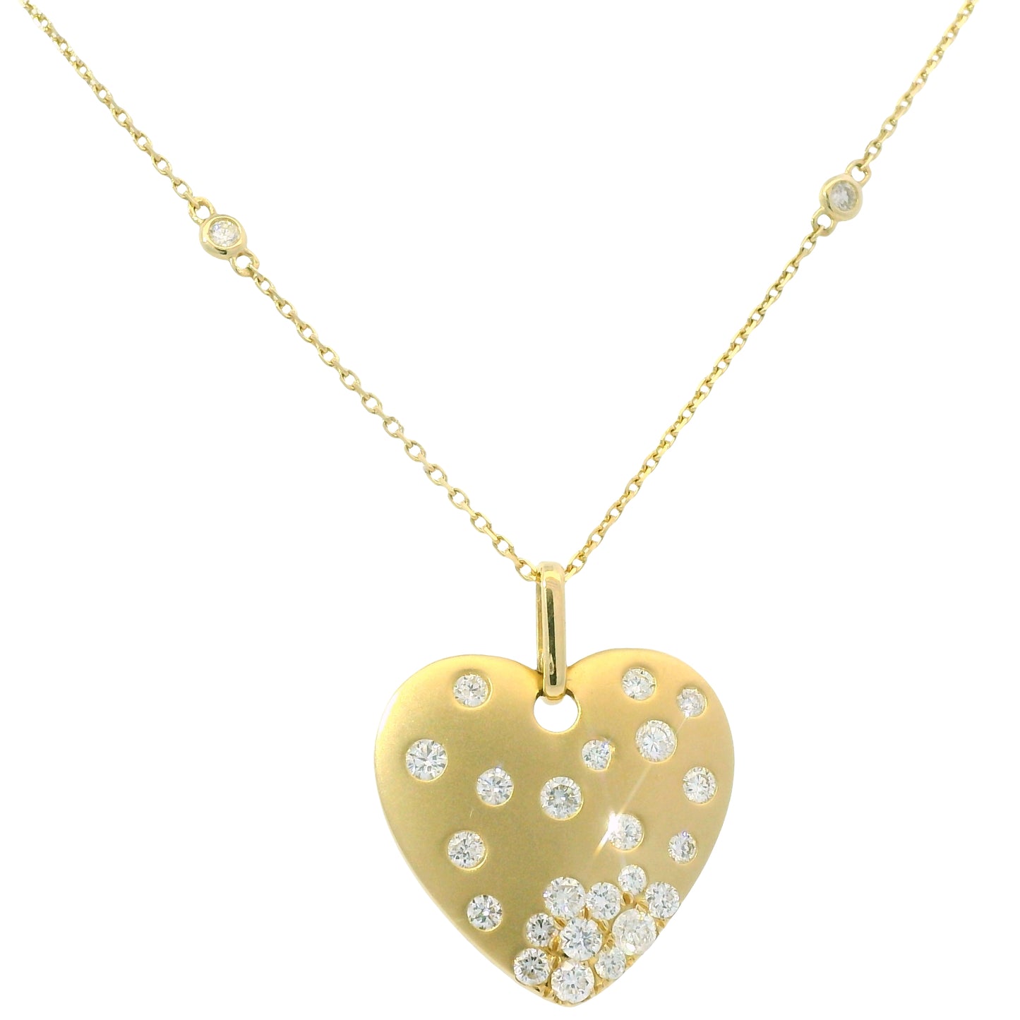 14K Yellow Gold Natural Round Brilliant Cut Diamond Sprinkle Satin Heart Pendant Adjustable