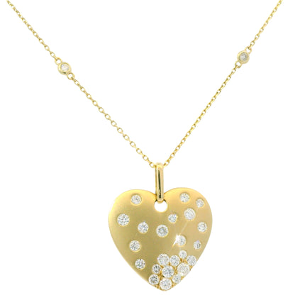 14K Yellow Gold Natural Round Brilliant Cut Diamond Sprinkle Satin Heart Pendant Adjustable