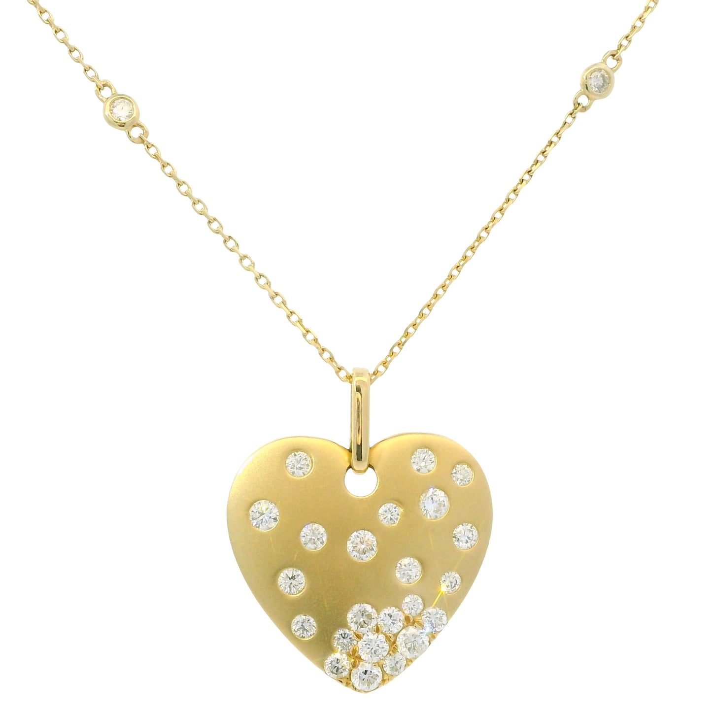 14K Yellow Gold Natural Round Brilliant Cut Diamond Sprinkle Satin Heart Pendant Adjustable