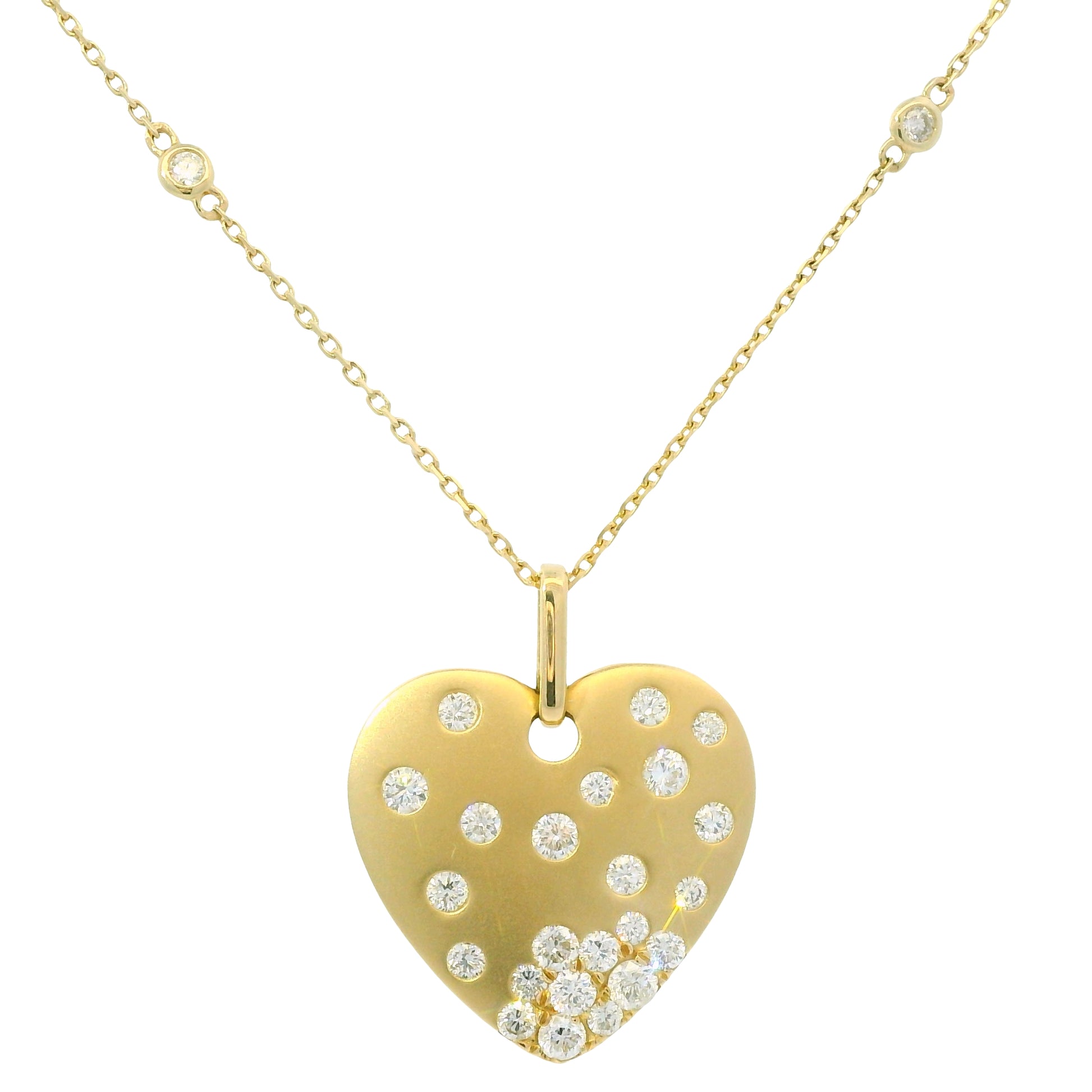 14K Yellow Gold Natural Round Brilliant Cut Diamond Sprinkle Satin Heart Pendant Adjustable