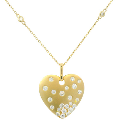 14K Yellow Gold Natural Round Brilliant Cut Diamond Sprinkle Satin Heart Pendant Adjustable