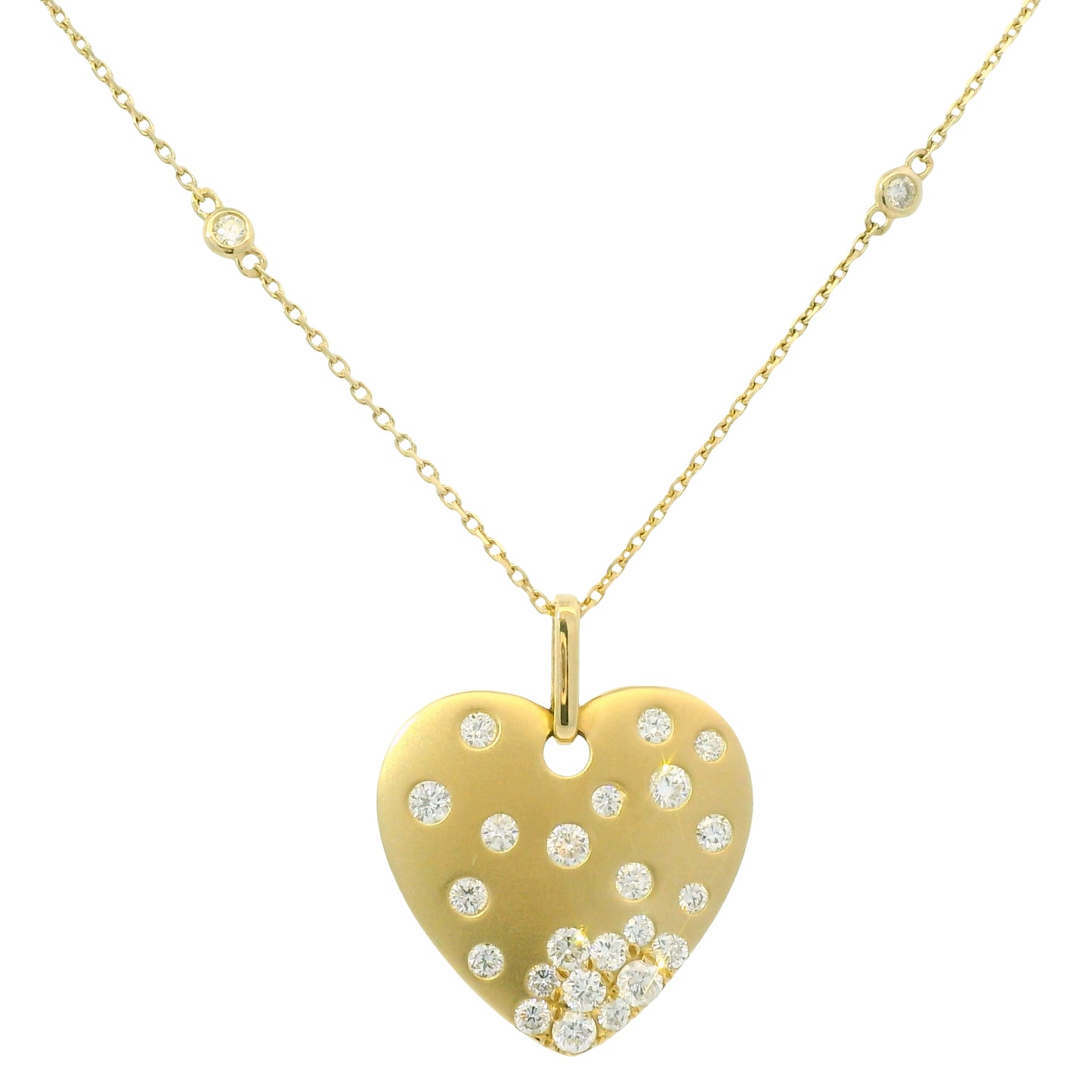14K Yellow Gold Natural Round Brilliant Cut Diamond Sprinkle Satin Heart Pendant Adjustable