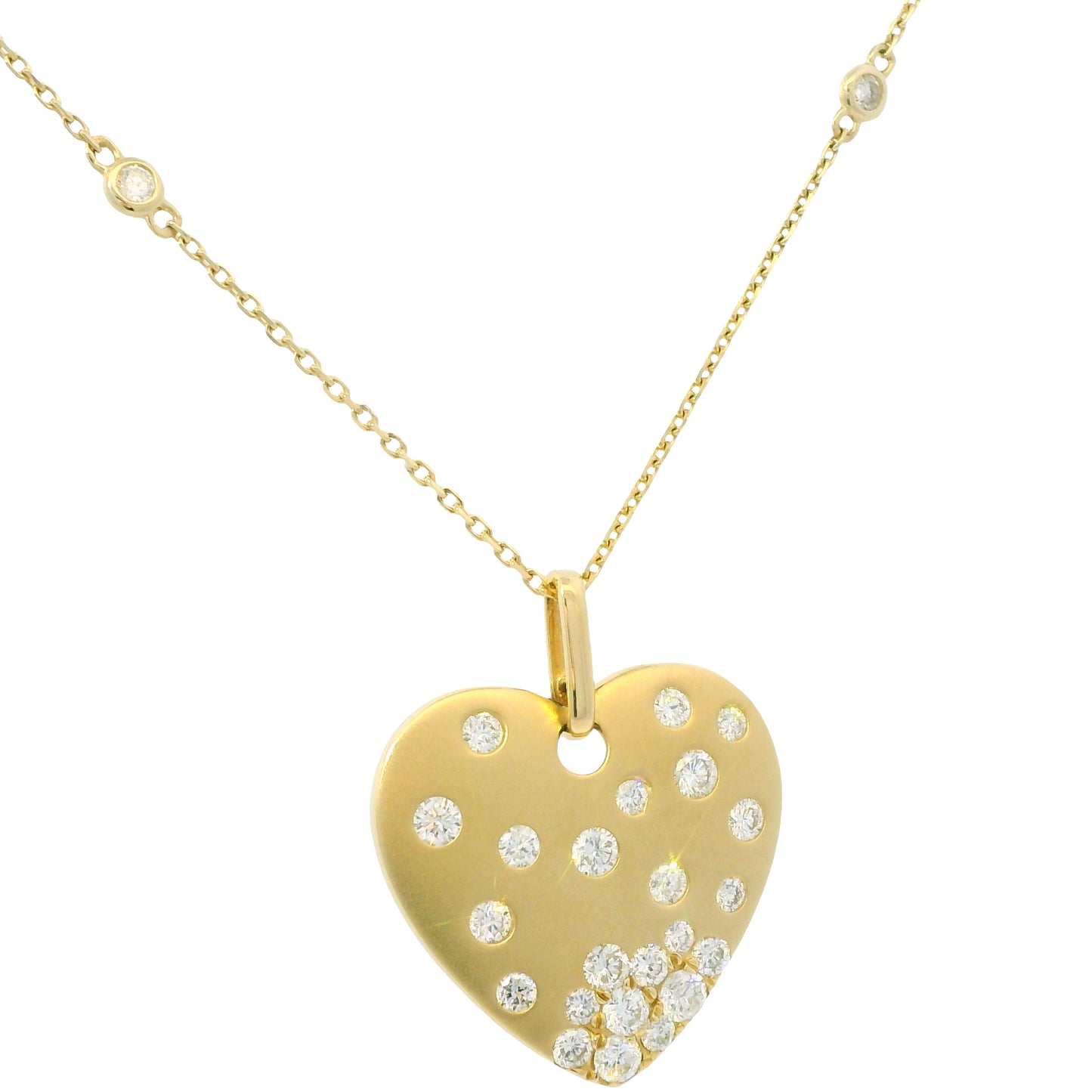 14K Yellow Gold Natural Round Brilliant Cut Diamond Sprinkle Satin Heart Pendant Adjustable