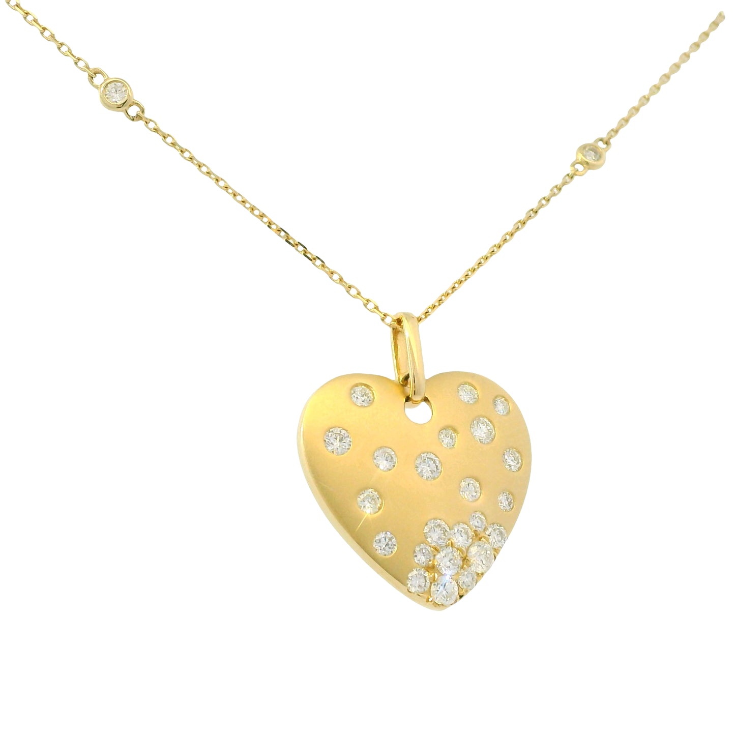 14K Yellow Gold Natural Round Brilliant Cut Diamond Sprinkle Satin Heart Pendant Adjustable