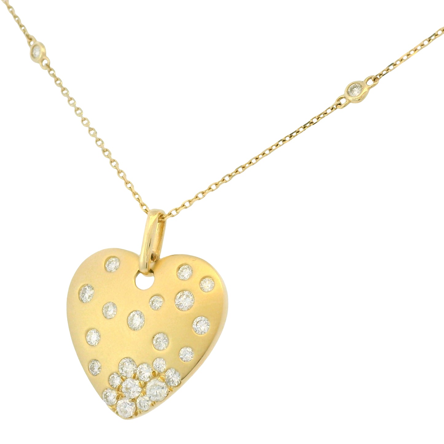14K Yellow Gold Natural Round Brilliant Cut Diamond Sprinkle Satin Heart Pendant Adjustable