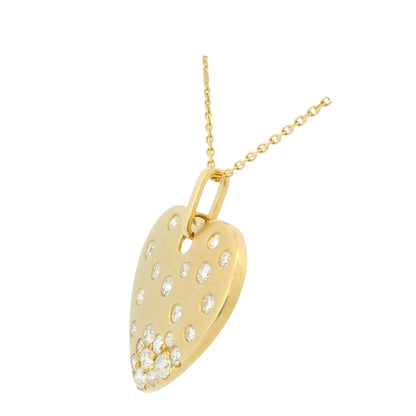 14K Yellow Gold Natural Round Brilliant Cut Diamond Sprinkle Satin Heart Pendant Adjustable