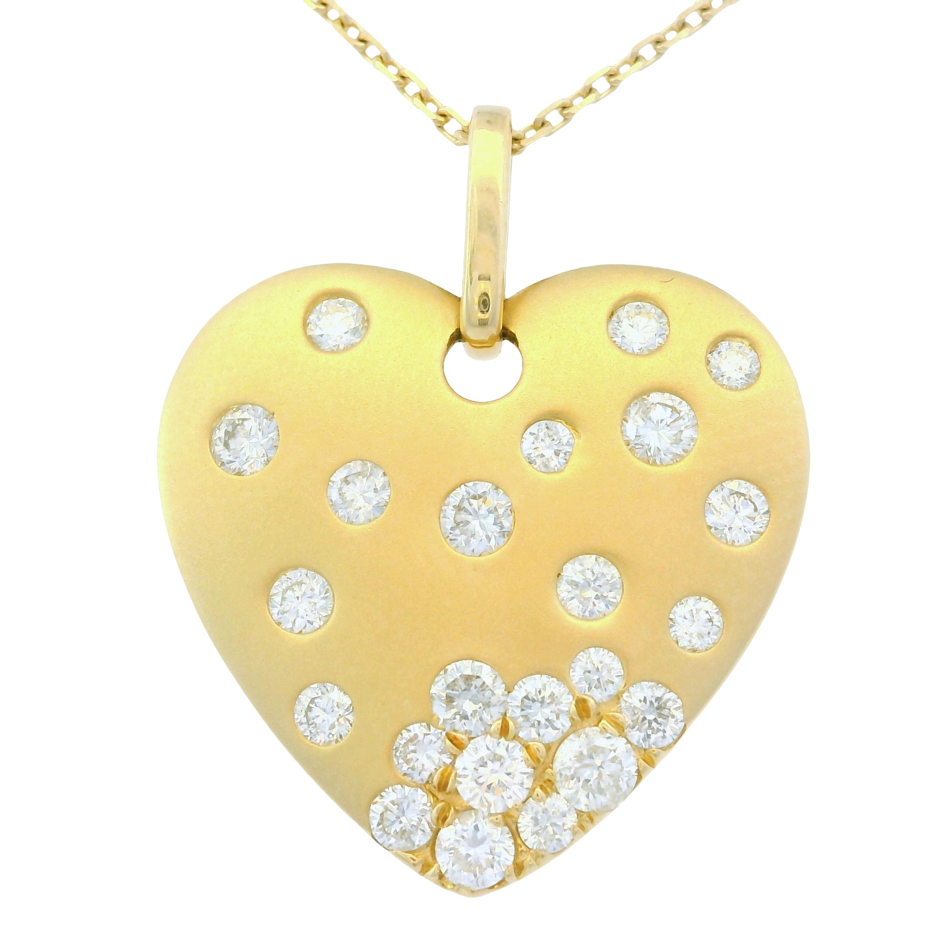 14K Yellow Gold Natural Round Brilliant Cut Diamond Sprinkle Satin Heart Pendant Adjustable
