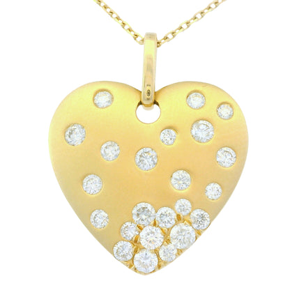 14K Yellow Gold Natural Round Brilliant Cut Diamond Sprinkle Satin Heart Pendant Adjustable