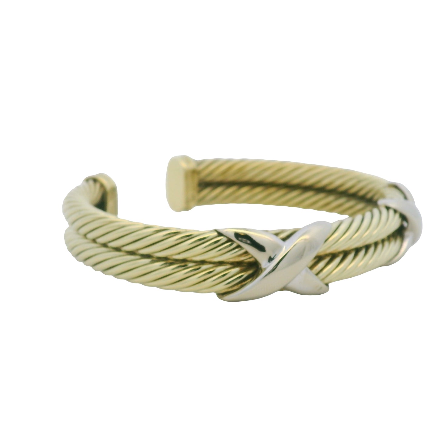 David Yurman 14K Yellow Gold 2-Row Cable & Sterling Silver X Cuff Bracelet