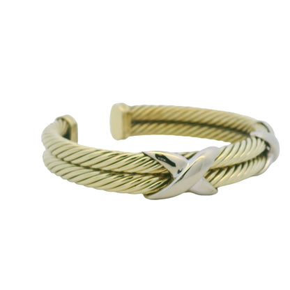 David Yurman 14K Yellow Gold 2-Row Cable & Sterling Silver X Cuff Bracelet